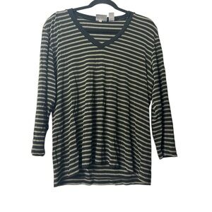 Chicos Travelers Black-Green Stripe V-Neck Knit Top, Long Sleeve